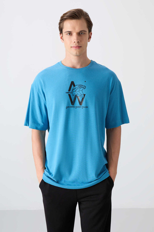 Tommylife Toptan O Yaka Oversize Baskılı Erkek T-Shirt 88332 Petrol Mavi