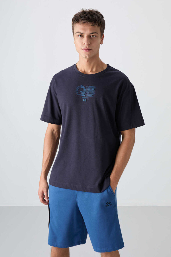 Tommylife Toptan O Yaka Oversize Baskılı Erkek T-Shirt 88333 Lacivert