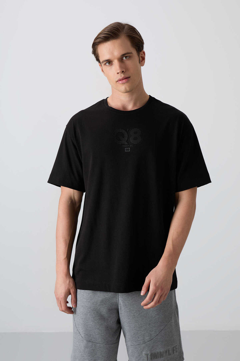 Tommylife Toptan O Yaka Oversize Baskılı Erkek T-Shirt 88333 Siyah