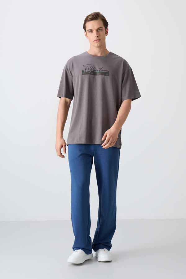 Tommylife Toptan O Yaka Oversize Baskılı Erkek T-Shirt 88334 Koyu Gri