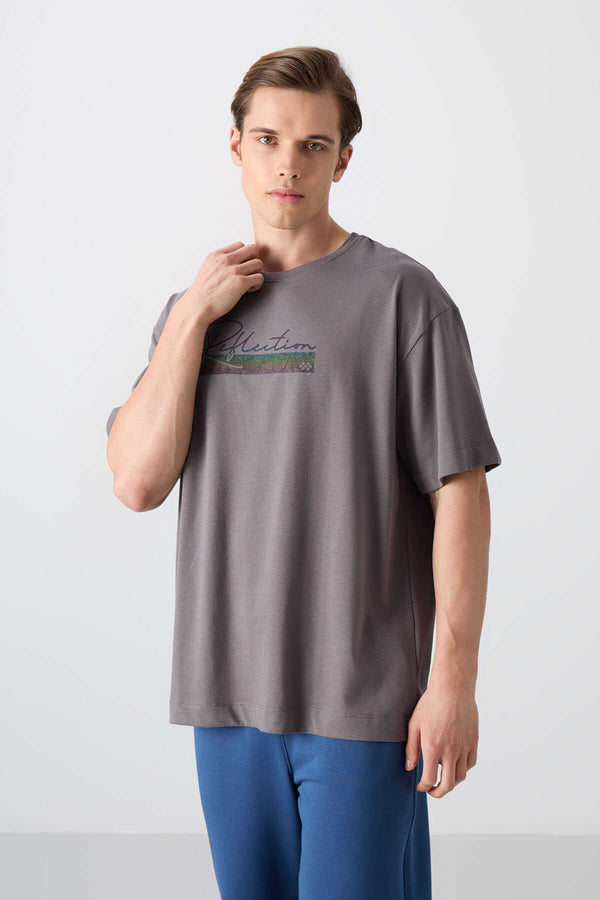 Tommylife Toptan O Yaka Oversize Baskılı Erkek T-Shirt 88334 Koyu Gri