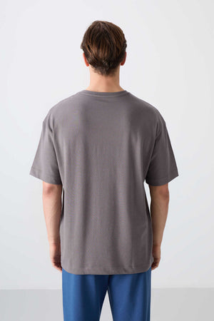 Tommylife Toptan O Yaka Oversize Baskılı Erkek T-Shirt 88334 Koyu Gri