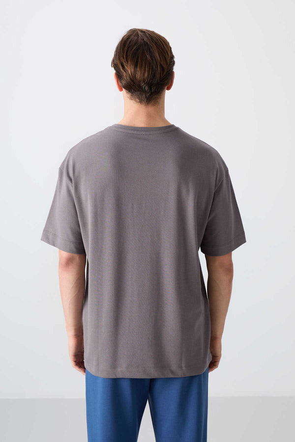 Tommylife Toptan O Yaka Oversize Baskılı Erkek T-Shirt 88334 Koyu Gri