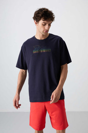 Tommylife Toptan O Yaka Oversize Baskılı Erkek T-Shirt 88334 Lacivert
