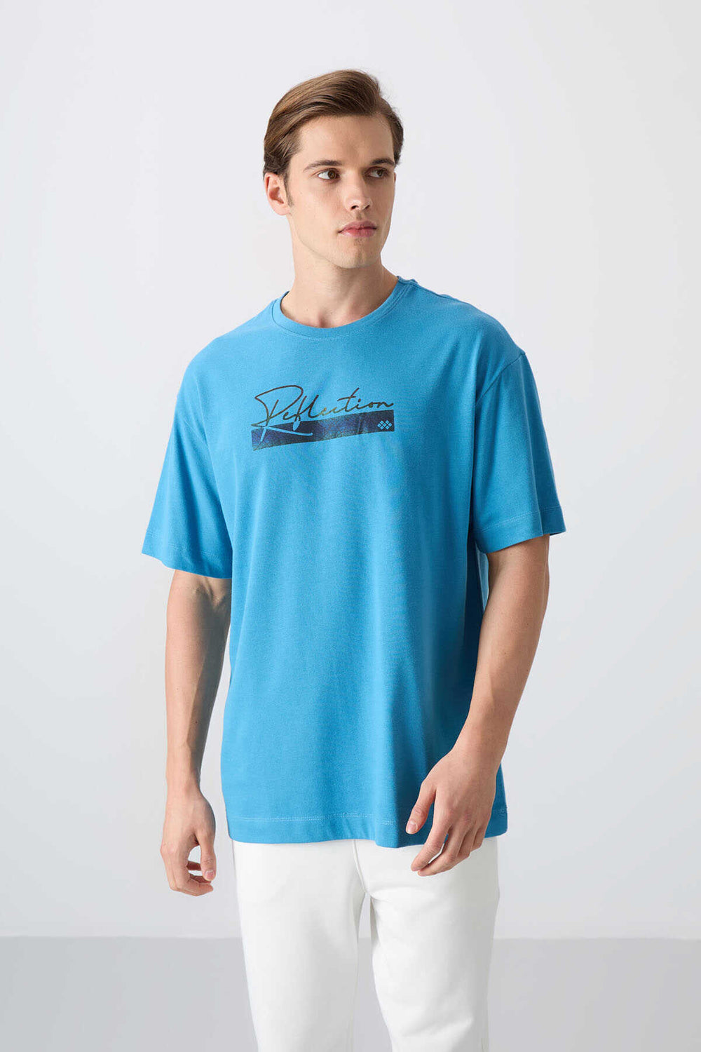 Tommylife Toptan O Yaka Oversize Baskılı Erkek T-Shirt 88334 Petrol Mavi