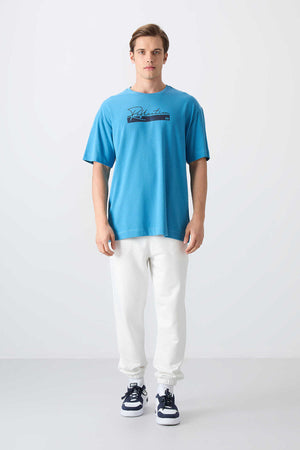 Tommylife Toptan O Yaka Oversize Baskılı Erkek T-Shirt 88334 Petrol Mavi