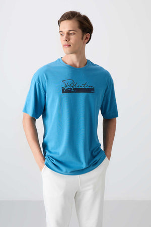 Tommylife Toptan O Yaka Oversize Baskılı Erkek T-Shirt 88334 Petrol Mavi