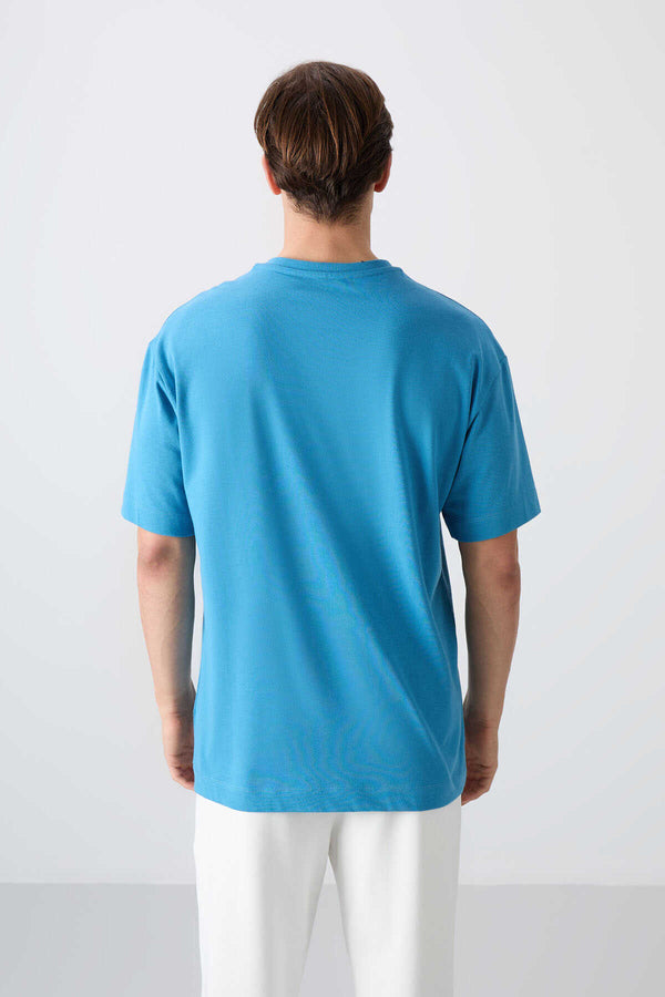 Tommylife Toptan O Yaka Oversize Baskılı Erkek T-Shirt 88334 Petrol Mavi