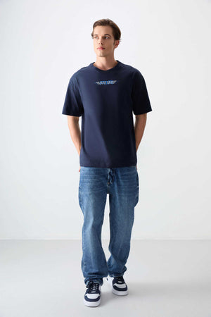 Tommylife Toptan O Yaka Oversize Baskılı Erkek T-Shirt 88356 Lacivert
