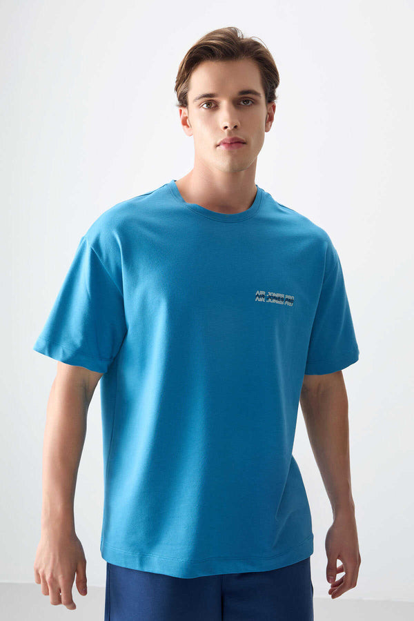 Tommylife Toptan O Yaka Oversize Baskılı Erkek T-Shirt 88375 Petrol Mavi