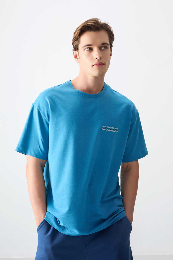 Tommylife Toptan O Yaka Oversize Baskılı Erkek T-Shirt 88375 Petrol Mavi