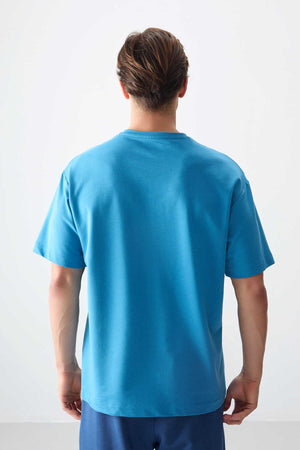 Tommylife Toptan O Yaka Oversize Baskılı Erkek T-Shirt 88375 Petrol Mavi