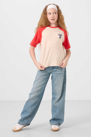 Tommylife Toptan O Yaka  Pamuklu Baskılı Oversize Fit Kız Çocuk T Shirt 75179 Bej