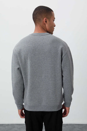 Tommylife Toptan O Yaka Rahat Kalıp Basic Erkek Sweatshirt 88418 Gri Melanj