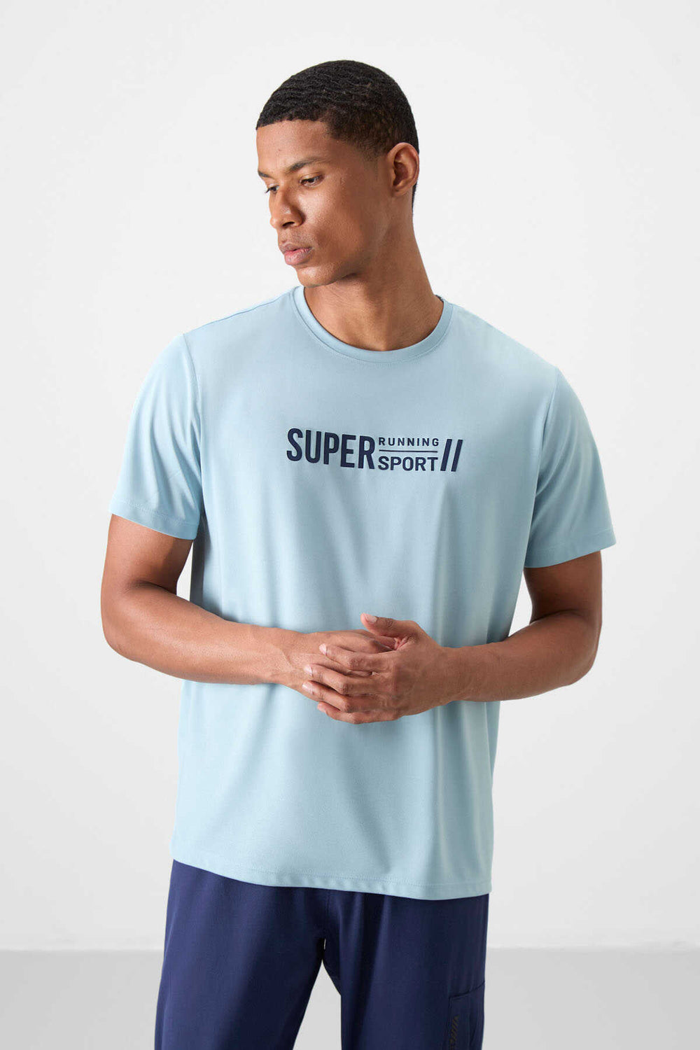 Tommylife Toptan O Yaka Standart Kalıp Aktif Spor Erkek T-Shirt 88385 Açık Mavi