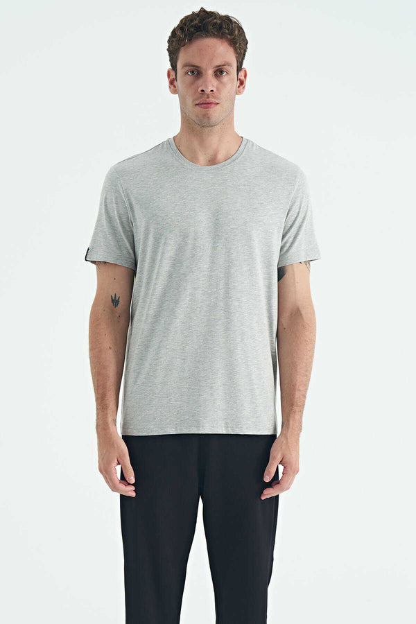 Tommylife Toptan O Yaka Standart Kalıp Basic Erkek T-Shirt 87911 Açık Gri Melanj