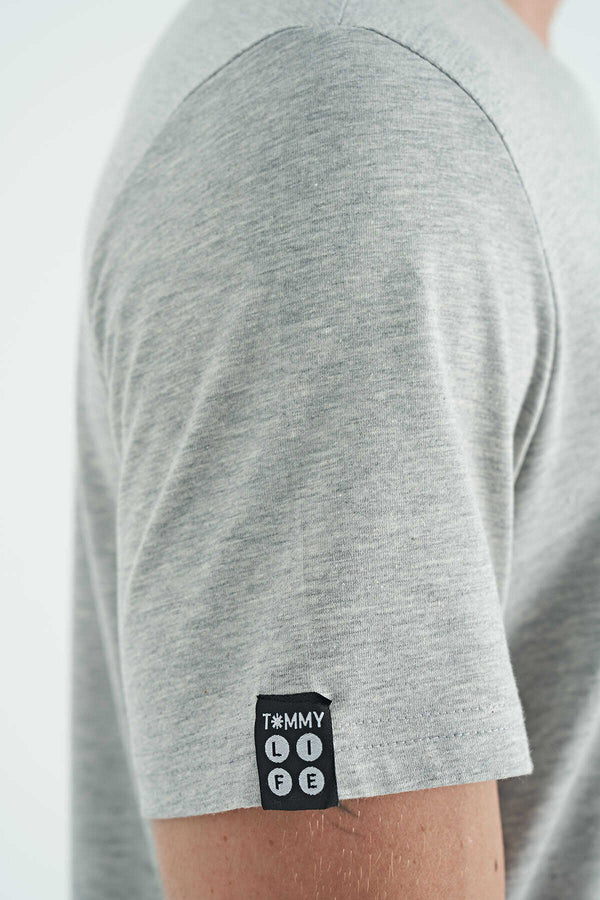 Tommylife Toptan O Yaka Standart Kalıp Basic Erkek T-Shirt 87911 Açık Gri Melanj