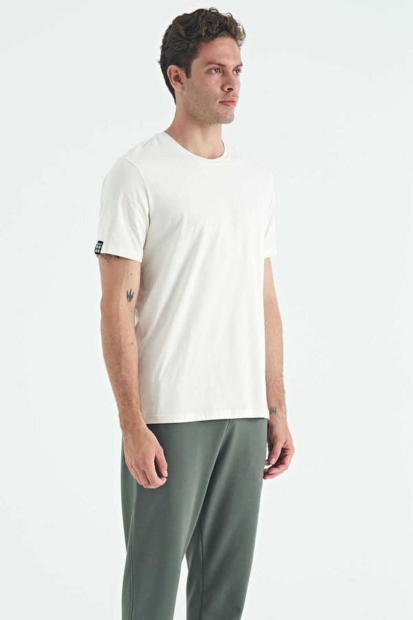Tommylife Toptan O Yaka Standart Kalıp Basic Erkek T-Shirt 87911 Ekru