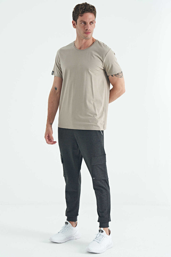 Tricou bărbătesc Tommylife Wholesale cu guler rotund, croială standard, de bază, 87911, bej închis