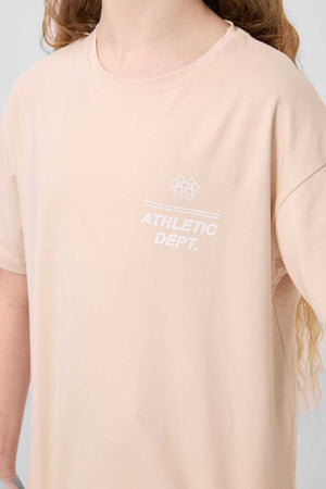 Tommylife Toptan Pamuklu O Yaka Oversize Fit Basic Kız Çocuk T Shirt 75178 Bej