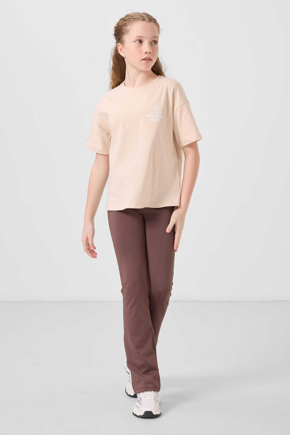 Tommylife Toptan Pamuklu O Yaka Oversize Fit Basic Kız Çocuk T Shirt 75178 Bej