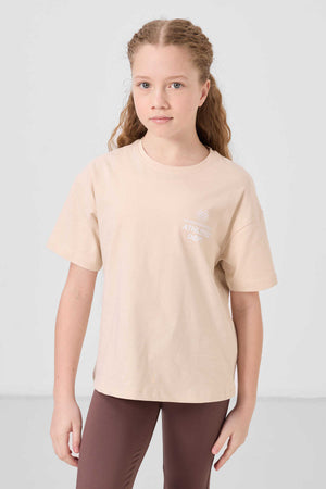 Tommylife Toptan Pamuklu O Yaka Oversize Fit Basic Kız Çocuk T Shirt 75178 Bej