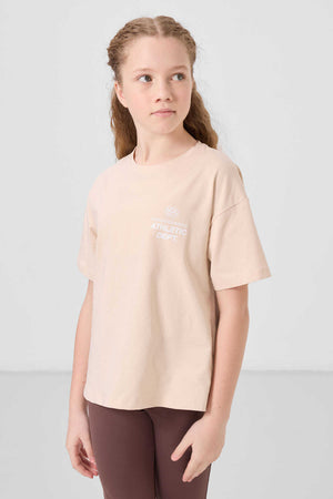 Tommylife Toptan Pamuklu O Yaka Oversize Fit Basic Kız Çocuk T Shirt 75178 Bej