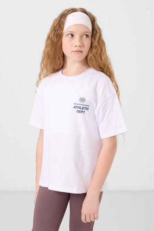 Tommylife Toptan Pamuklu O Yaka Oversize Fit Basic Kız Çocuk T Shirt 75178 Beyaz