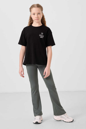 Tommylife Toptan Pamuklu O Yaka Oversize Fit Basic Kız Çocuk T Shirt 75178 Siyah