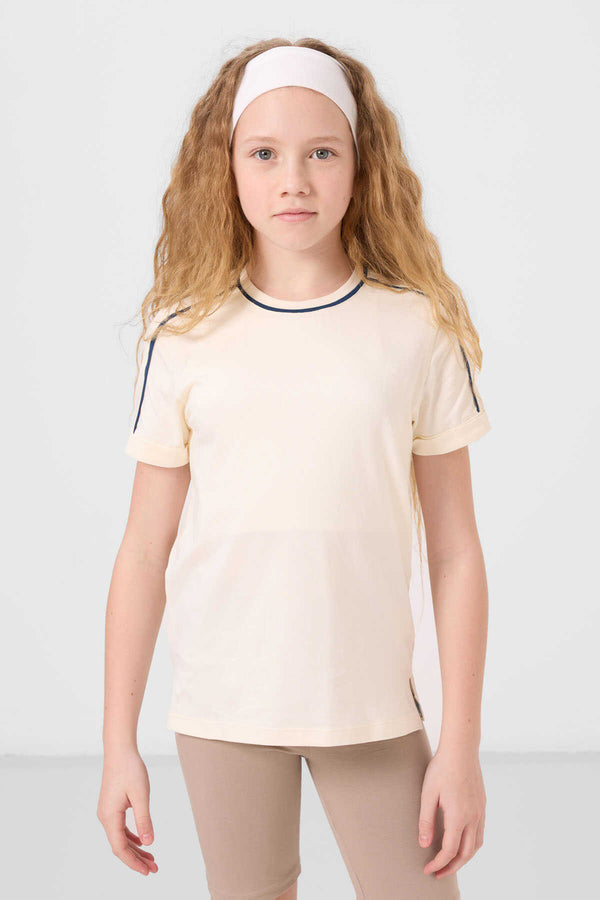 Tommylife Toptan Pamuklu O Yaka Oversize Fit Baskılı Kız Çocuk T Shirt 75177 Ekru