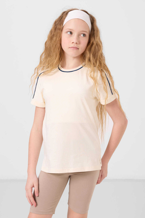 Tommylife Toptan Pamuklu O Yaka Oversize Fit Baskılı Kız Çocuk T Shirt 75177 Ekru
