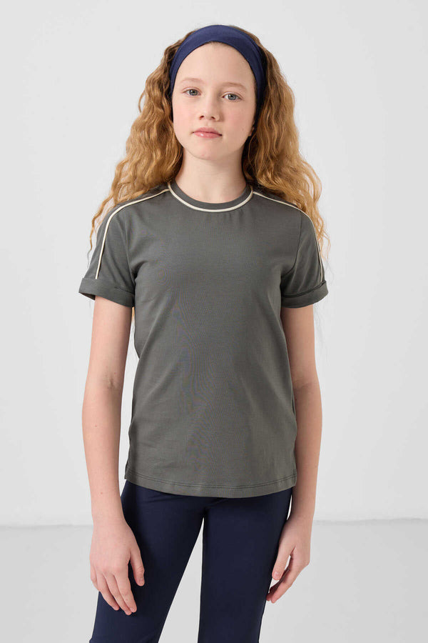 Tommylife Toptan Pamuklu O Yaka Oversize Fit Baskılı Kız Çocuk T Shirt 75177 Haki