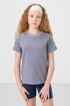 Tommylife Toptan Pamuklu O Yaka Oversize Fit Baskılı Kız Çocuk T Shirt 75177 Koyu Mavi