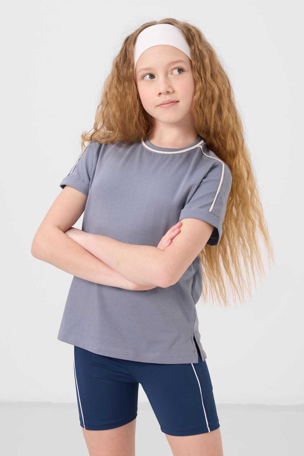 Tommylife Toptan Pamuklu O Yaka Oversize Fit Baskılı Kız Çocuk T Shirt 75177 Koyu Mavi