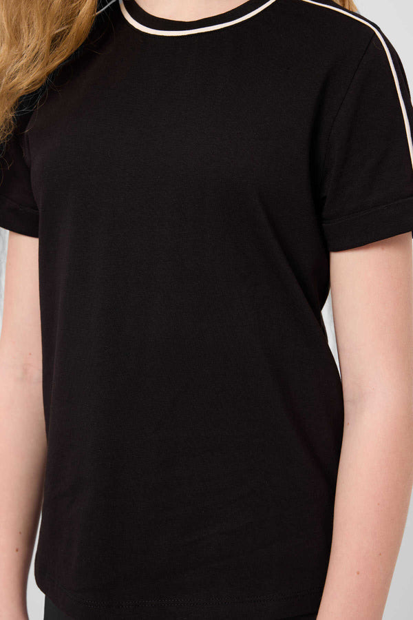 Tommylife Toptan Pamuklu O Yaka Oversize Fit Baskılı Kız Çocuk T Shirt 75177 Siyah