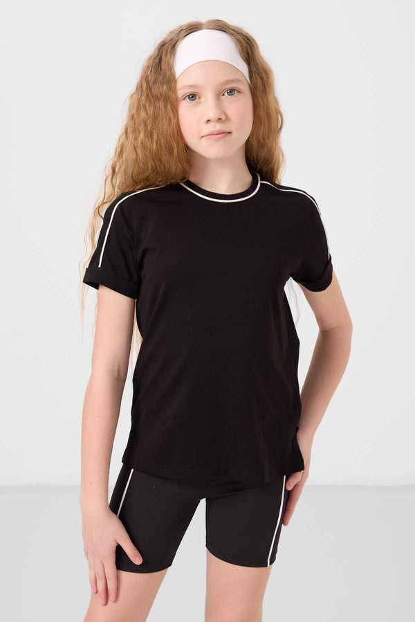 Tommylife Toptan Pamuklu O Yaka Oversize Fit Baskılı Kız Çocuk T Shirt 75177 Siyah