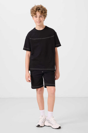 Tommylife Toptan Pamuklu Oversize Fit Dokuma Hafif Esnek Chino Erkek Çocuk Şort Takım 11279 Siyah