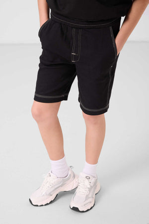Tommylife Toptan Pamuklu Oversize Fit Dokuma Hafif Esnek Chino Erkek Çocuk Şort Takım 11279 Siyah