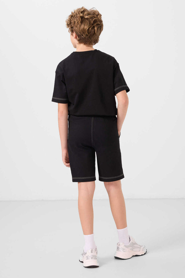 Tommylife Toptan Pamuklu Oversize Fit Dokuma Hafif Esnek Chino Erkek Çocuk Şort Takım 11279 Siyah