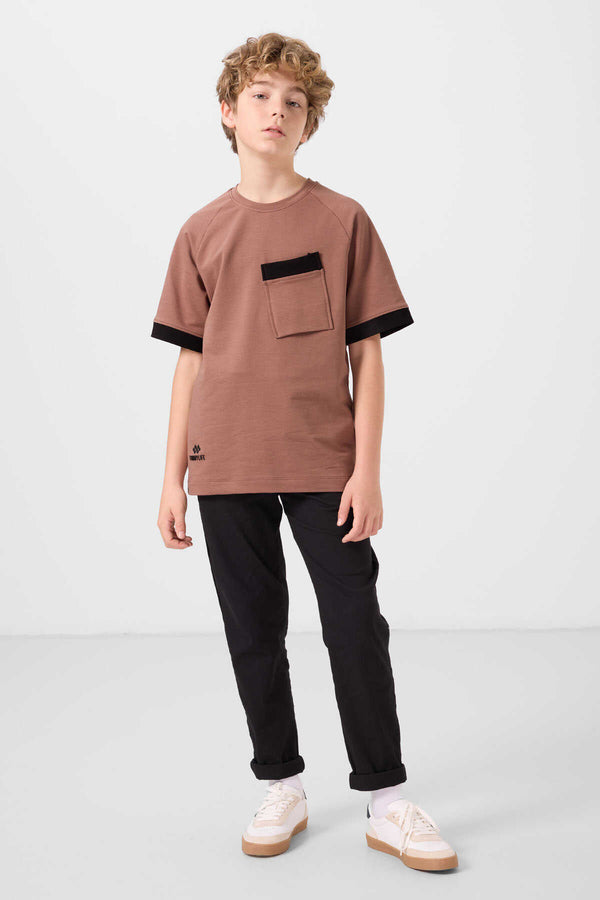 Tommylife Toptan Pamuklu Yumuşak Dokulu Oversize Cep Detaylı Erkek Çocuk T-Shirt 11295 Tarçın