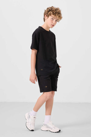 Tommylife Toptan Pamuklu Oversize Fit Dokuma Hafif Esnek Chino Erkek Çocuk Şort Takım 11277 Siyah