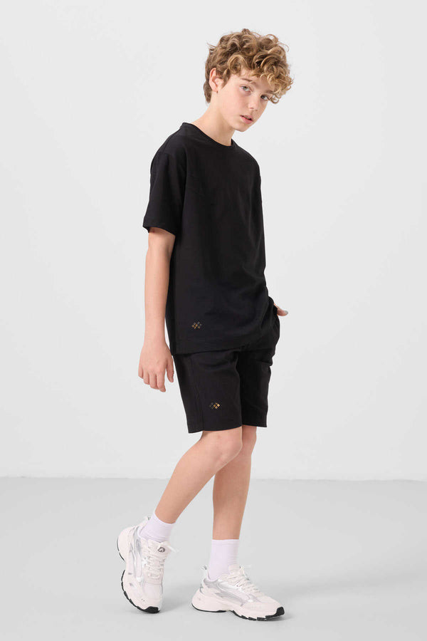 Tommylife Toptan Pamuklu Oversize Fit Dokuma Hafif Esnek Chino Erkek Çocuk Şort Takım 11277 Siyah