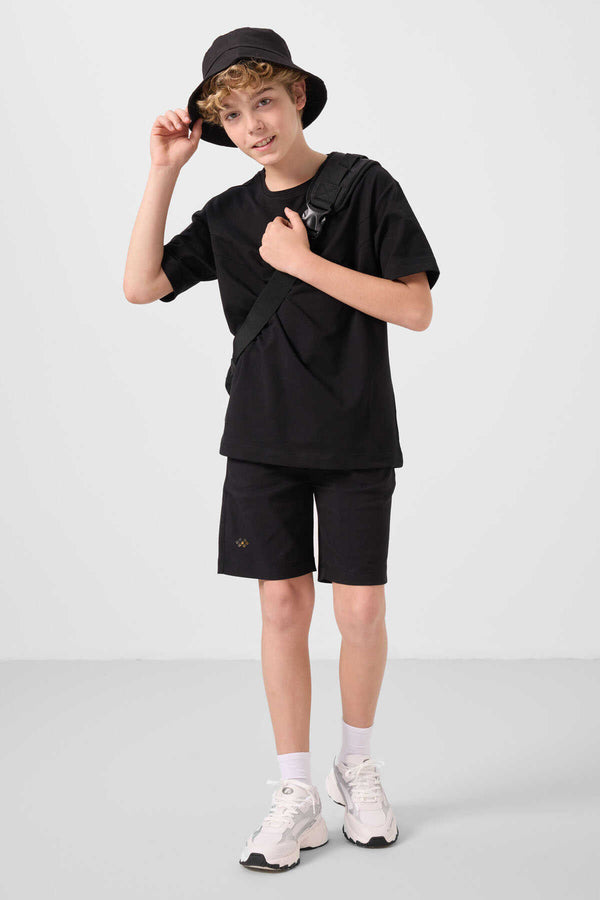 Tommylife Toptan Pamuklu Oversize Fit Dokuma Hafif Esnek Chino Erkek Çocuk Şort Takım 11277 Siyah