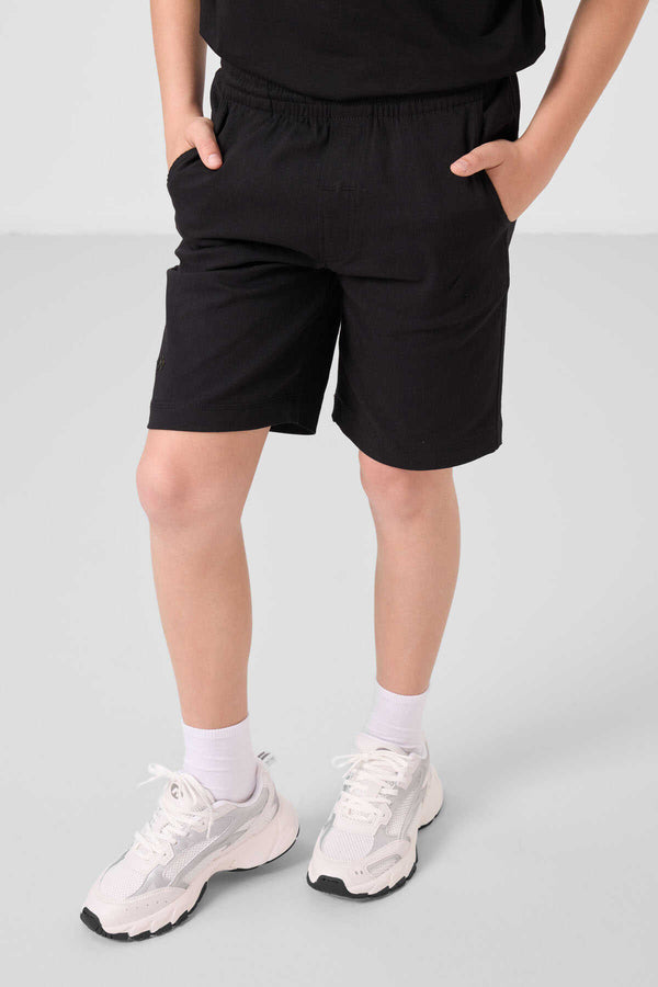 Tommylife Toptan Pamuklu Oversize Fit Dokuma Hafif Esnek Chino Erkek Çocuk Şort Takım 11277 Siyah