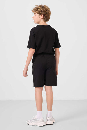 Tommylife Toptan Pamuklu Oversize Fit Dokuma Hafif Esnek Chino Erkek Çocuk Şort Takım 11277 Siyah