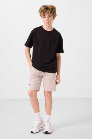 Tommylife Toptan Pamuklu Oversize Fit Dokuma Hafif Esnek Chino Erkek Çocuk Şort Takım 11277 Siyah-Taş