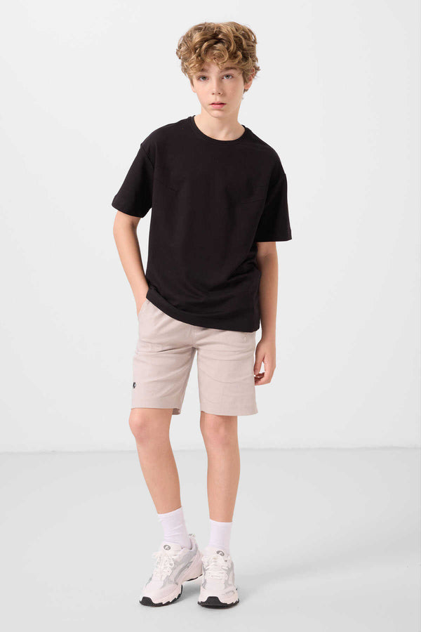Tommylife Toptan Pamuklu Oversize Fit Dokuma Hafif Esnek Chino Erkek Çocuk Şort Takım 11277 Siyah-Taş