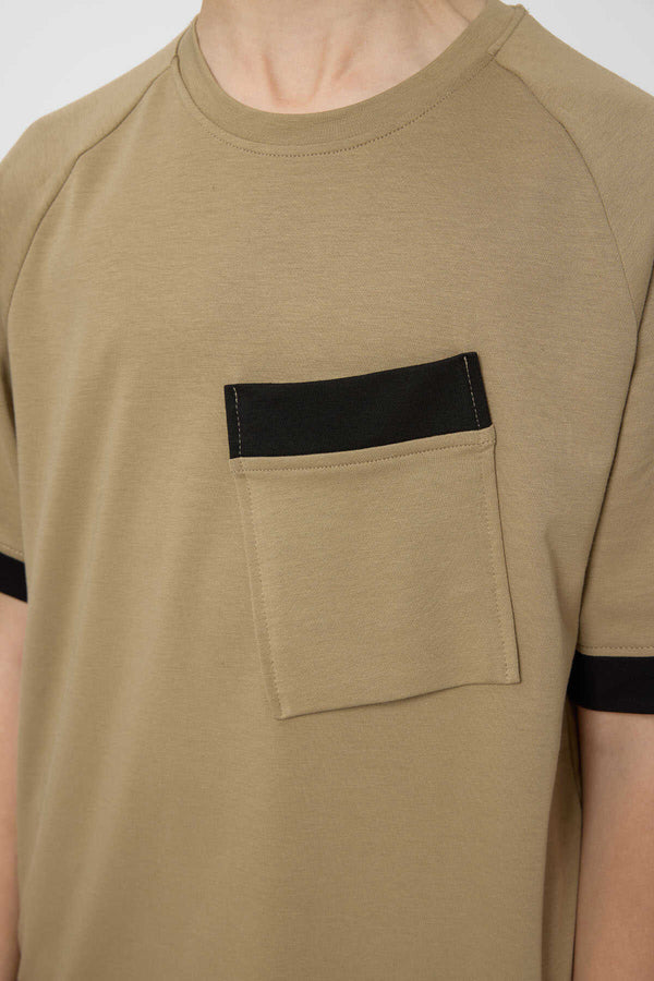 Tommylife Toptan Pamuklu Yumuşak Dokulu Oversize Cep Detaylı Erkek Çocuk T-Shirt 11295 Koyu Bej