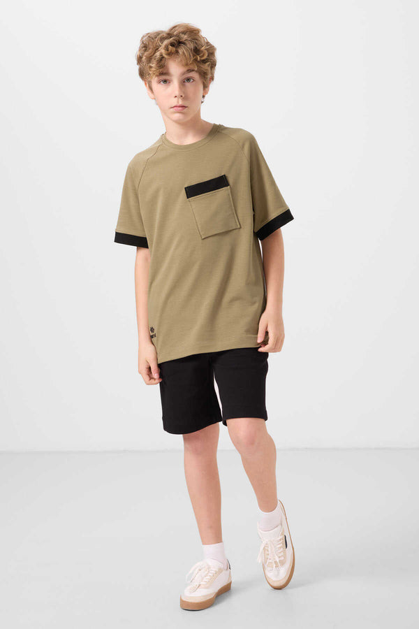 Tommylife Toptan Pamuklu Yumuşak Dokulu Oversize Cep Detaylı Erkek Çocuk T-Shirt 11295 Koyu Bej