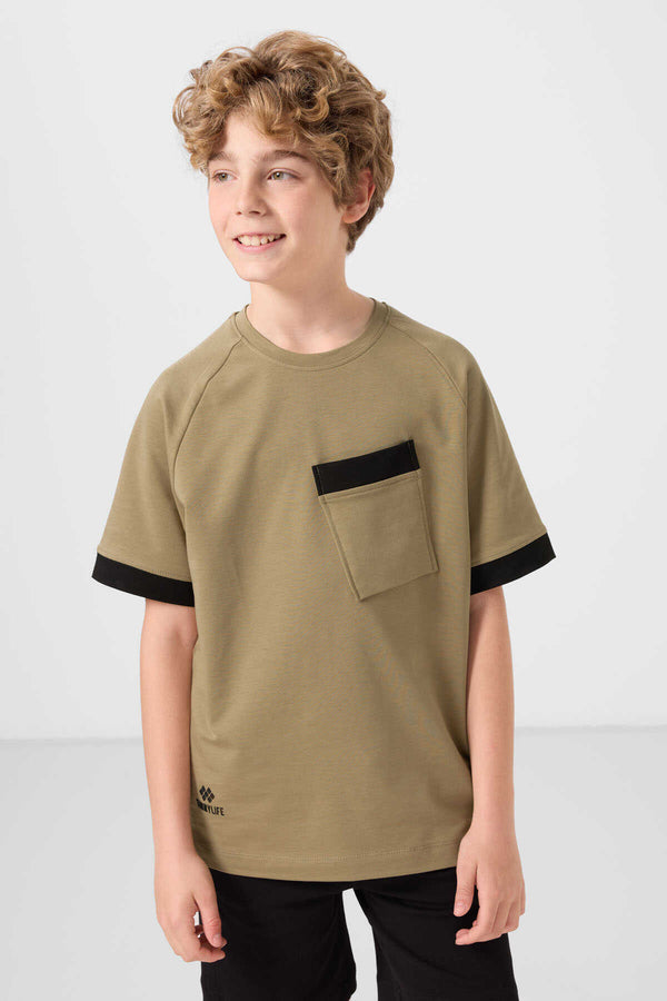 Tommylife Toptan Pamuklu Yumuşak Dokulu Oversize Cep Detaylı Erkek Çocuk T-Shirt 11295 Koyu Bej